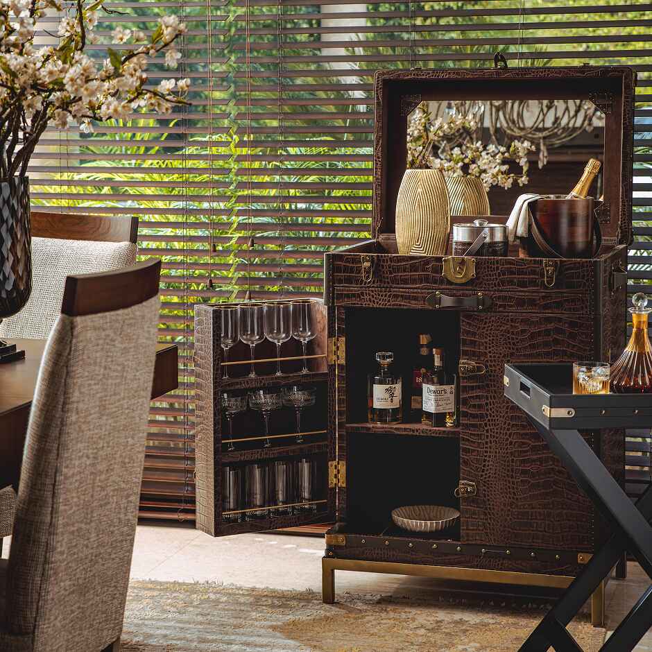 House Of Anantaa Furniture Brown Milano Trunk Bar - Handcrafted Italian Luxury Bar Cabinet